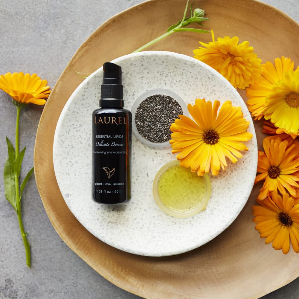 ESSENTIAL LIPIDS: Delicate Barrier Essential Lipids: Delicate Barrier is a multi-purpose moisturizer, cleanser, and facial oil specifically created for reactive skin and heightened sensitivities. This focused blend of whole plant lipids comes together to mirror and support our skin’s own natural lipid barrier. This nourishing oil is soothing and supportive to all skin types, even the most sensitive. Essential Lipids is also highly recommended for those with a damaged lipid barrier, skin in healing crisis, and for those with autoimmune conditions or in treatment for serious illness. This product is also well suited to someone transitioning to the Laurel line for the first time from a more conventional or clinical line.