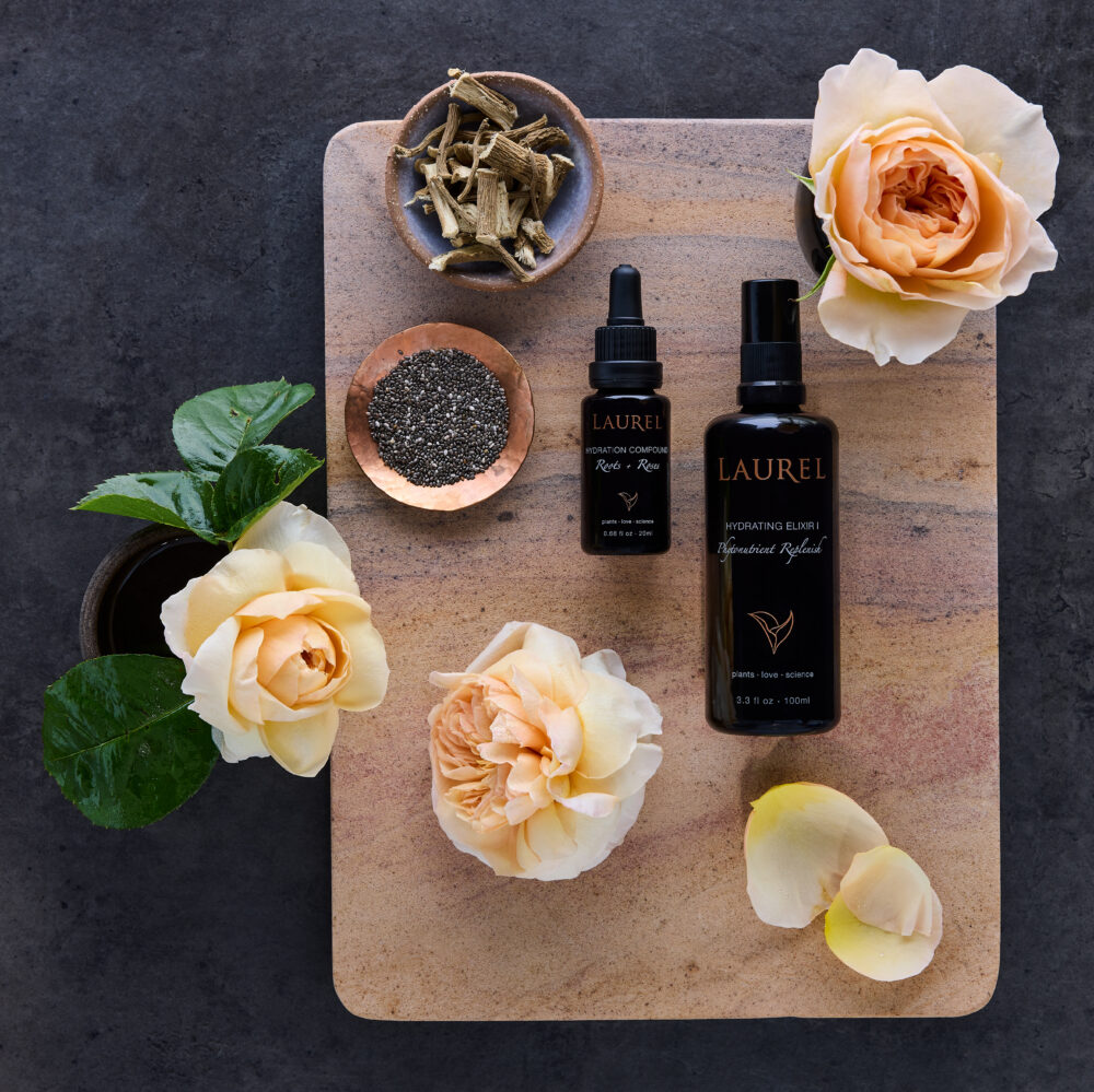 Hydrtating Elixir and Hydrationn Compound with roses, roots, and chia seeds.